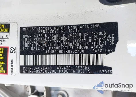 2019 Toyota Camry Se from USA, damaged, VIN 4T1B11HK5KU202700